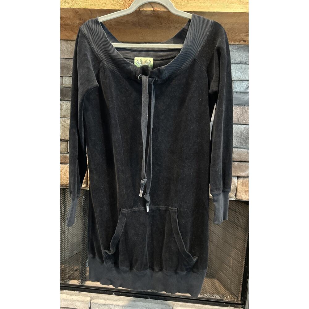 Women’s JUICY COUTURE Y2K Black Velour Kangaroo Pocket Dress Size L *A7